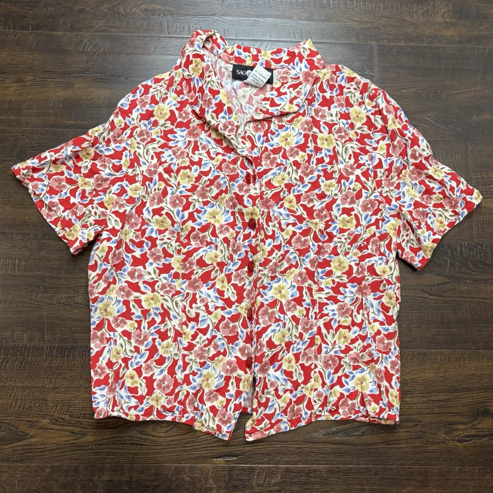 VTG Sag Harbor Petite‎ Womens Sz 14 Button Up Top Floral Vintage Short Sleeve